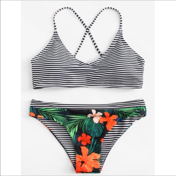 Tropical Flower Striped Bikini - Picture 2 of 3